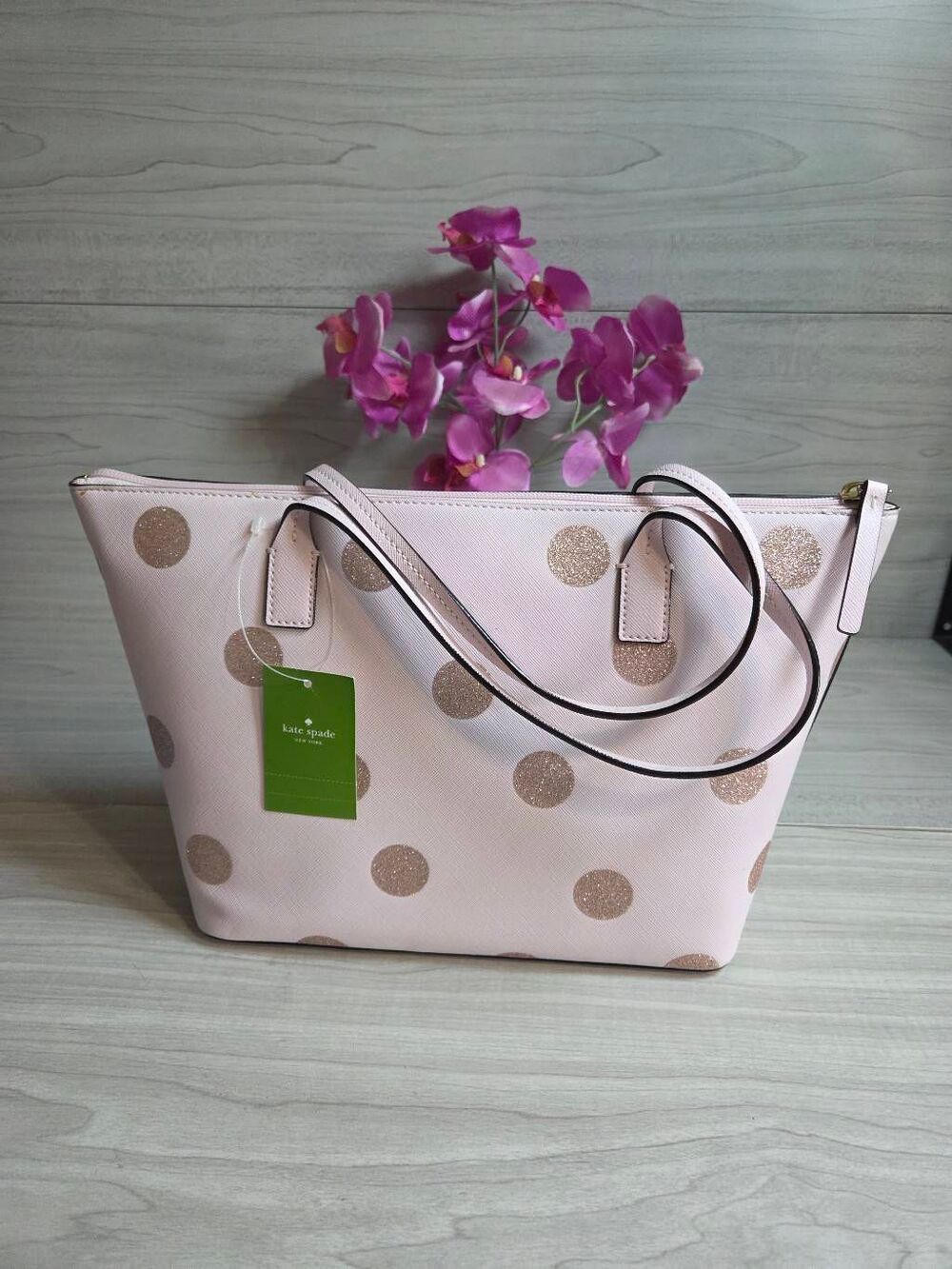 NWT Kate Spade Haven Lane Hani Pink Glitter Polka Dot Tote - Picture 2 of 7